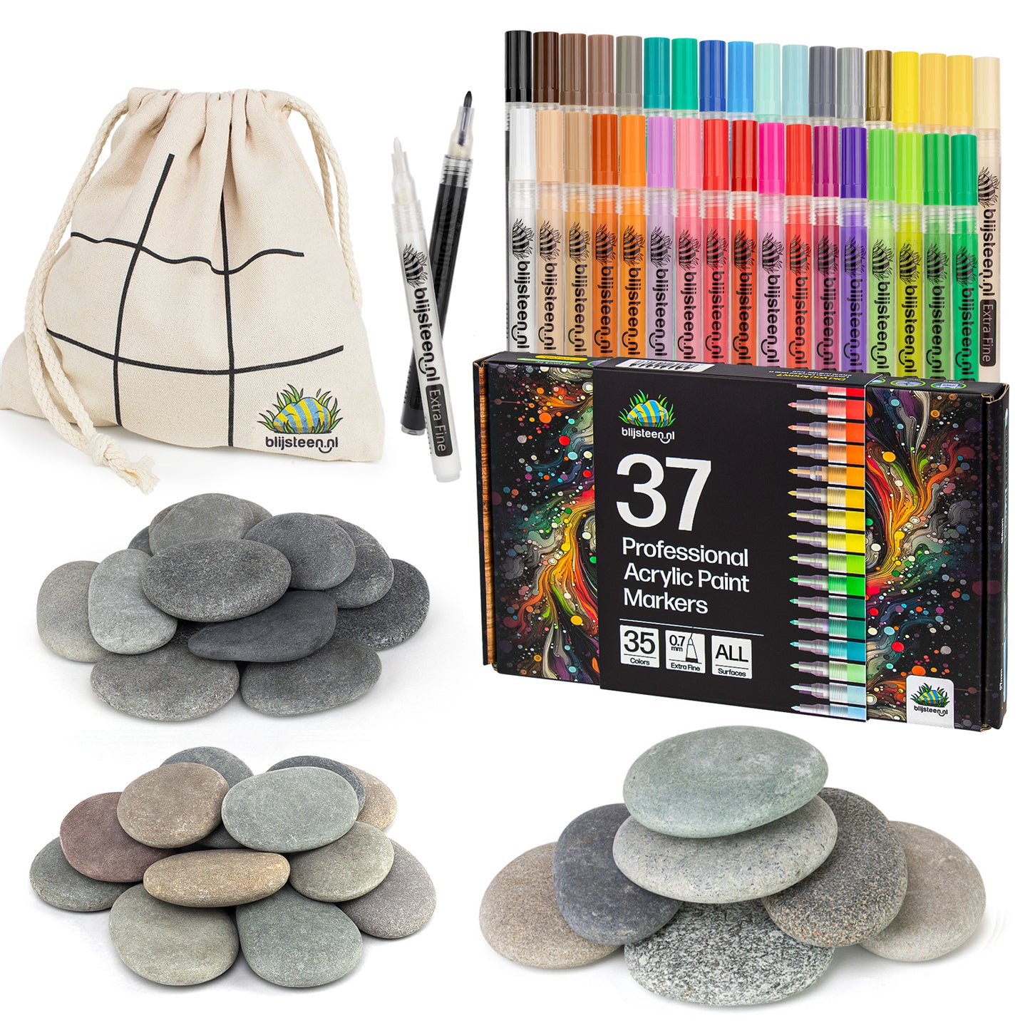 Alles-in-1 Happy Stone Starterspakket | 37 Stiften | Stenenpakket | Stiftenpakket | Opbergzakje