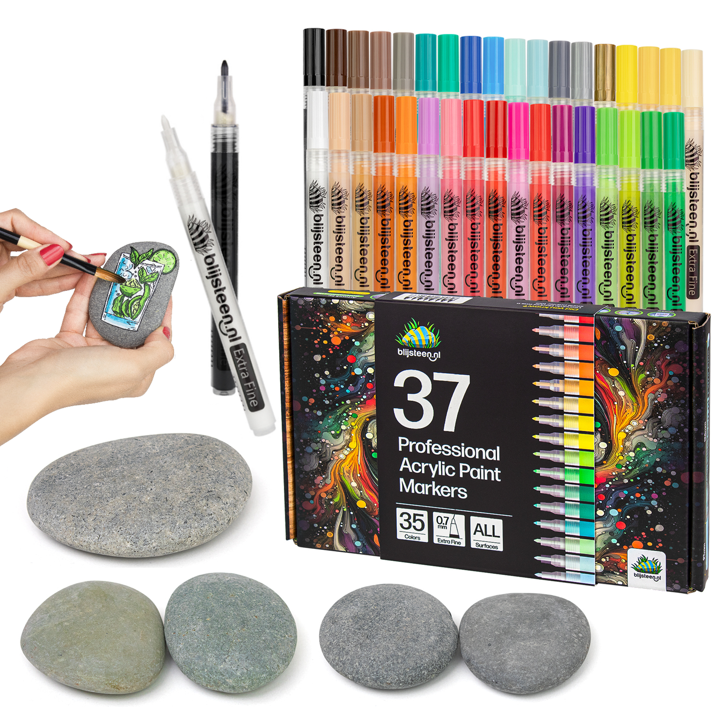 Alles-in-1 Happy Stone Starterspakket | 37 Stiften | Stenenpakket | Stiftenpakket | Opbergzakje