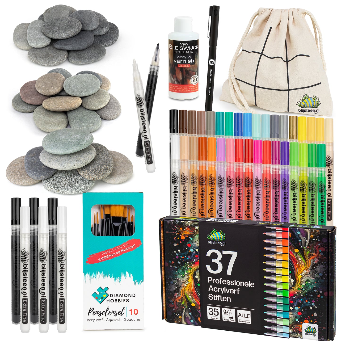 Alles-in-1 Happy Stone Starterspakket | 37 Stiften | Stenenpakket | Stiftenpakket | Opbergzakje