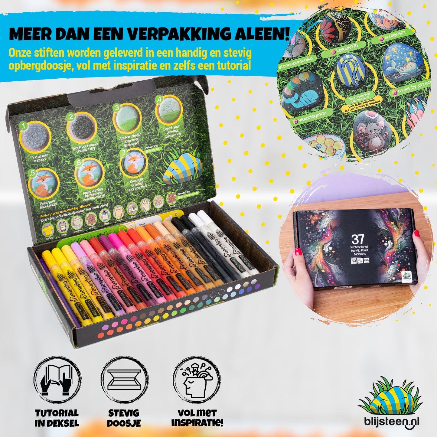 37-Delige Acryl Marker Stiften 0.7 mm Set | Verfstiften| Acrylstiften voor Stenen Schilderen | Happy Stones