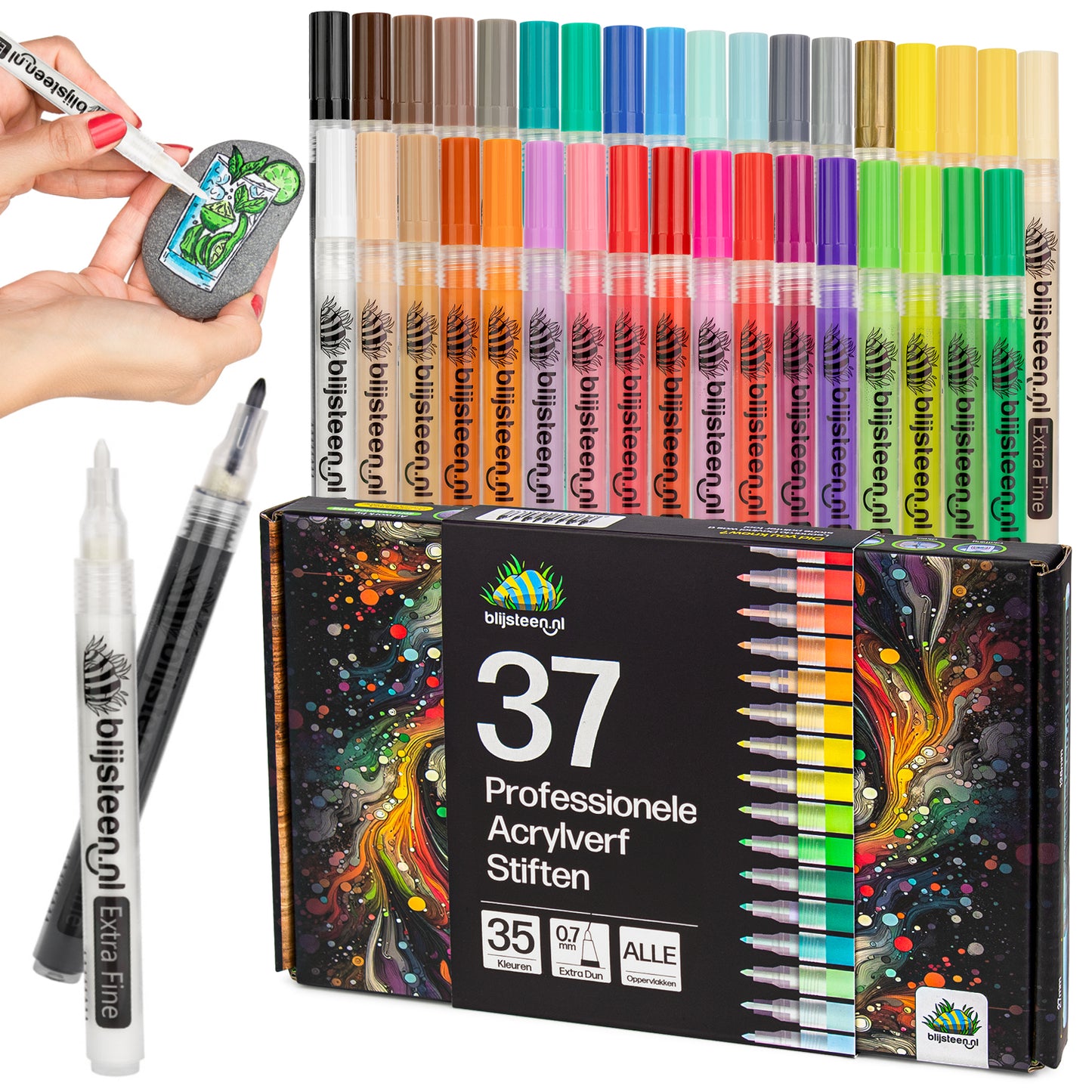 37-Delige Acryl Marker Stiften 0.7 mm Set | Verfstiften| Acrylstiften voor Stenen Schilderen | Happy Stones
