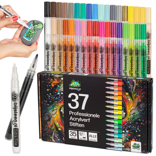 37-Delige Acryl Marker Stiften 0.7 mm Set | Verfstiften| Acrylstiften voor Stenen Schilderen  | Happy Stones