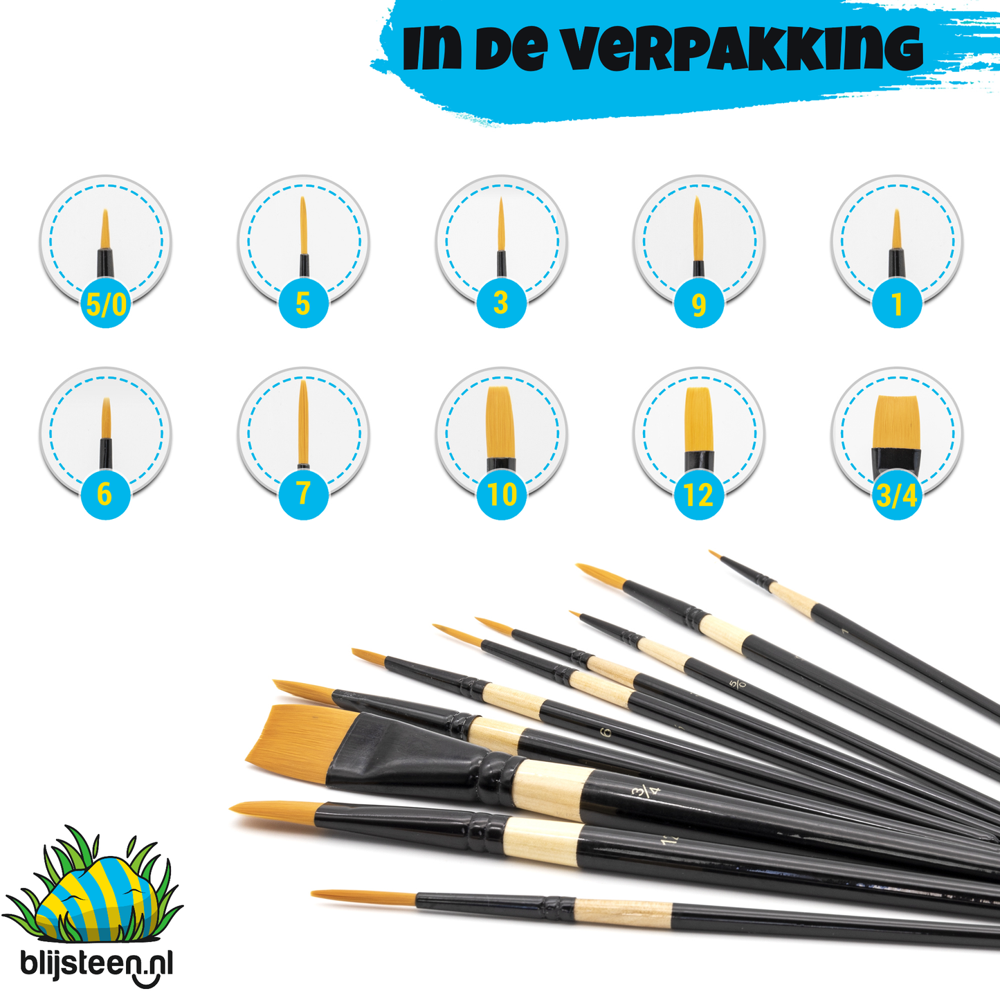 Alles-in-1 Happy Stone Starterspakket | Stenenpakket 15 stenen | Vernis | 10 Acryl Penselen | Acrylverf | Opbergzakje | 12 Potjes Acrylverf