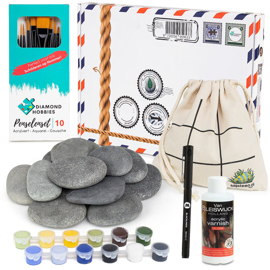 Alles-in-1 Happy Stone Starterspakket | Stenenpakket 15 stenen | Vernis | 10 Acryl Penselen | Acrylverf | Opbergzakje | 12 Potjes Acrylverf