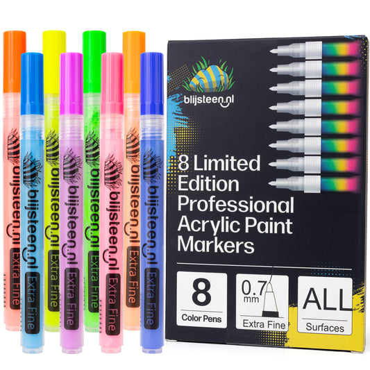 Blijsteen.nl 8-Delige Acryl Marker Stiften 0.7 mm Set Fluor Power LIMITED | Fluorescerend | Happy Stones