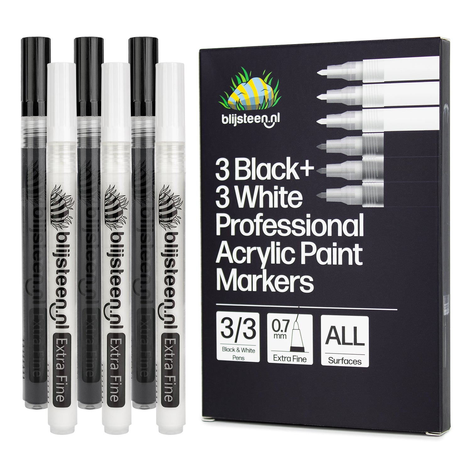 6-Delige Acryl Marker Stiften 0.7 mm Set | Zwart-Wit | Verfstiften voor Volwassenen | Acrylstiften voor Stenen Schilderen | Happy Stones