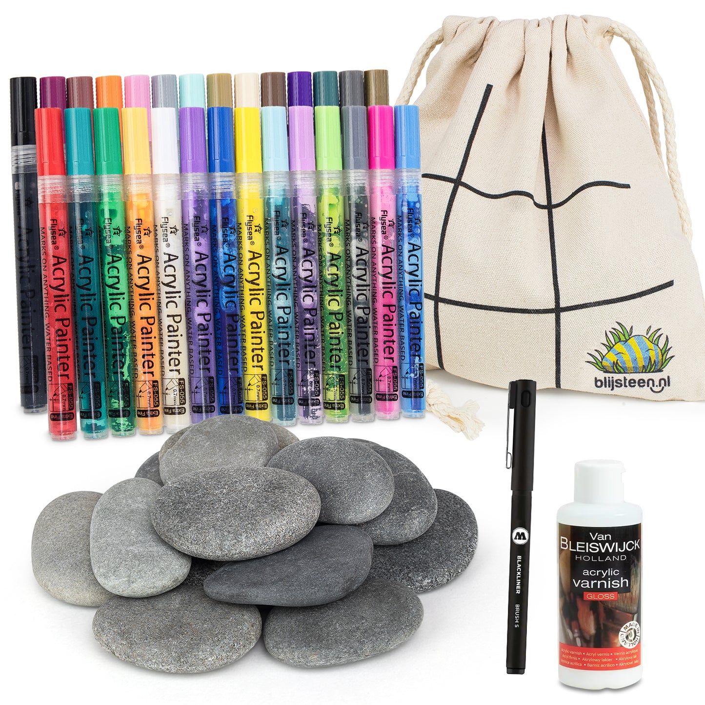 All-in-1 Happy Stone Starter Pack | 15 stones | 28 acrylic markers | Storage bag