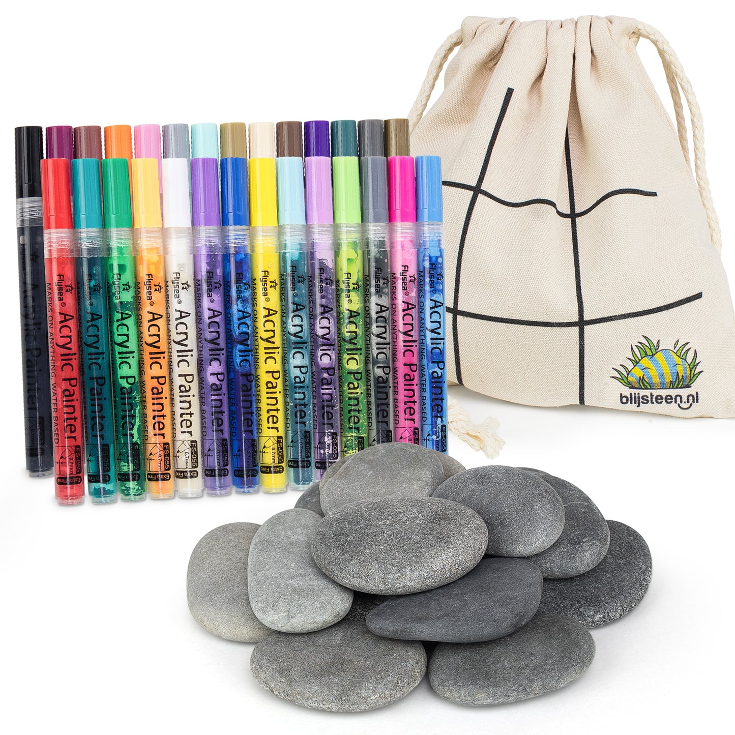 All-in-1 Happy Stone Starter Pack | 15 stones | 28 acrylic markers | Storage bag